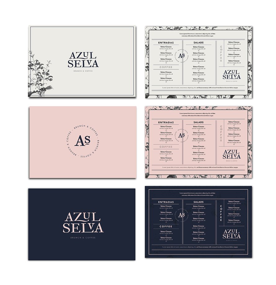 Grid of Azul Selva business card and menu mockups