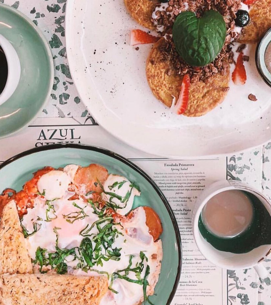Azul Selva menu with a brunch flatlay