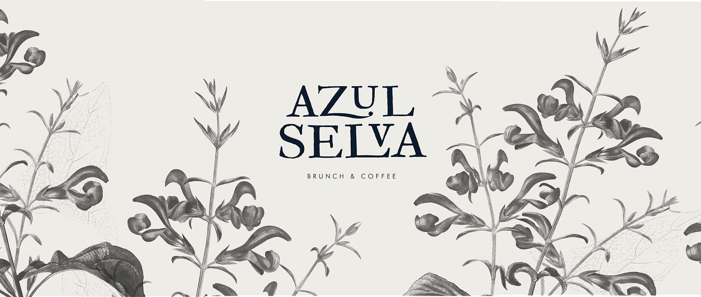 Azul Selva illustrated botanical hero with the brunch and coffee wordmark
