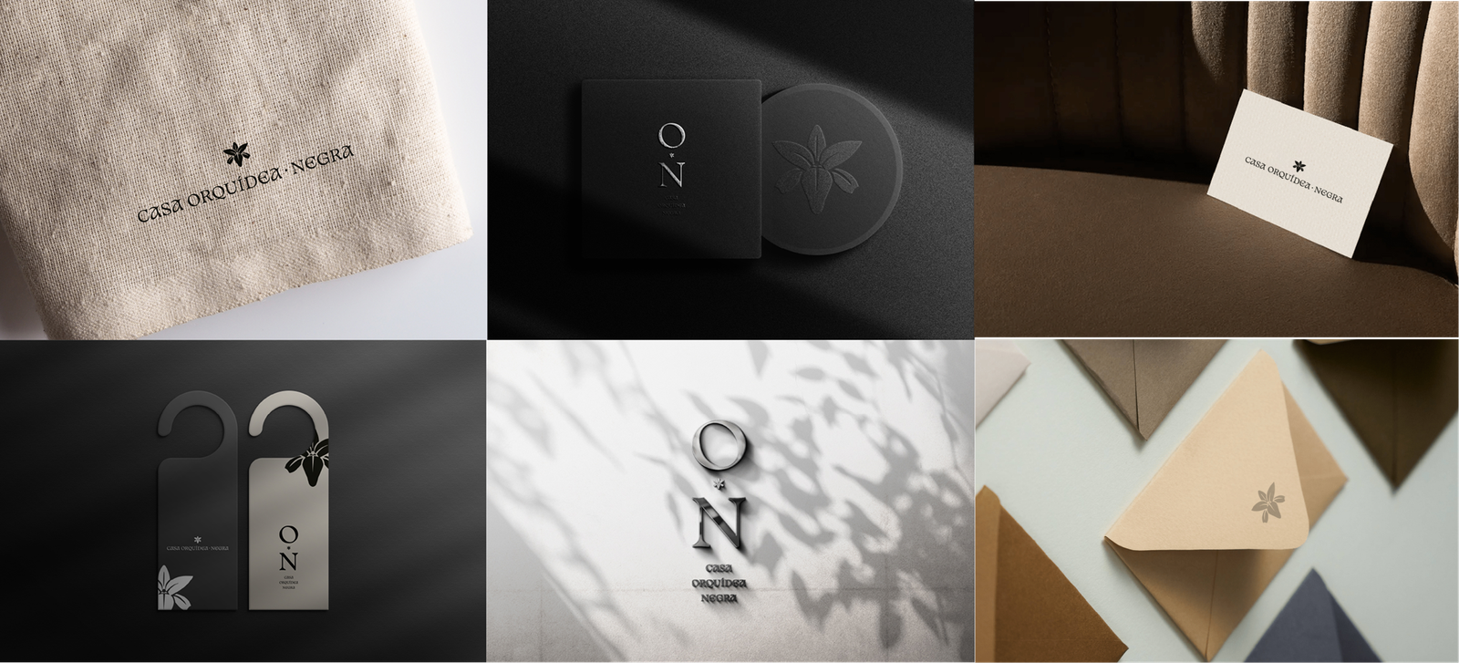 Casa Orquídea Negra stationery and amenity mockups: tote, cards, door hangers, envelopes
