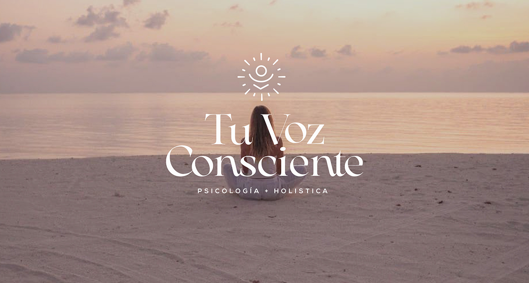 Tu Voz Consciente wordmark over a woman meditating on the beach at sunset