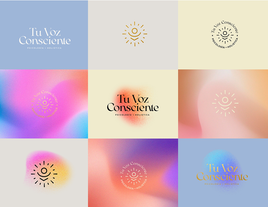 Grid of Tu Voz Consciente logo lockups across a gradient color palette
