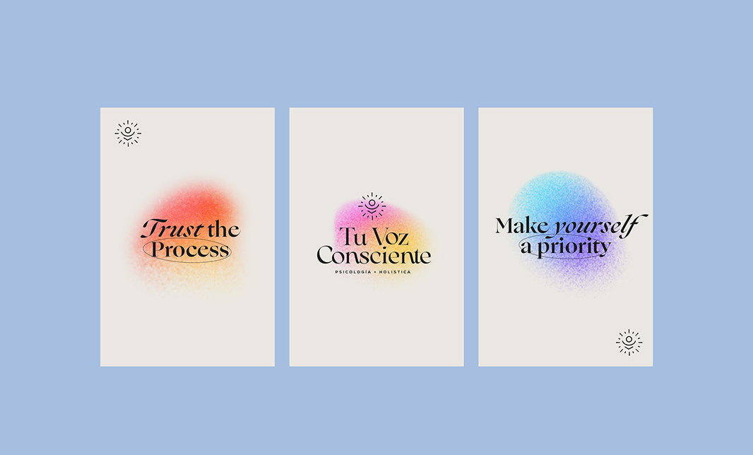 Three Tu Voz Consciente quote cards on a gradient background